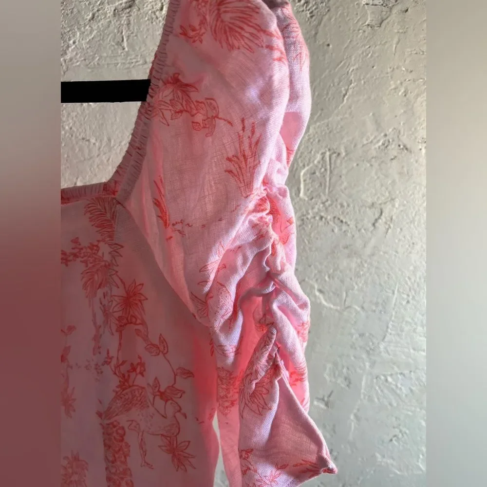 Cynthia Rowley Pink Ruffled Crop Blouse European flax linen, 3/4 ruched sleeve